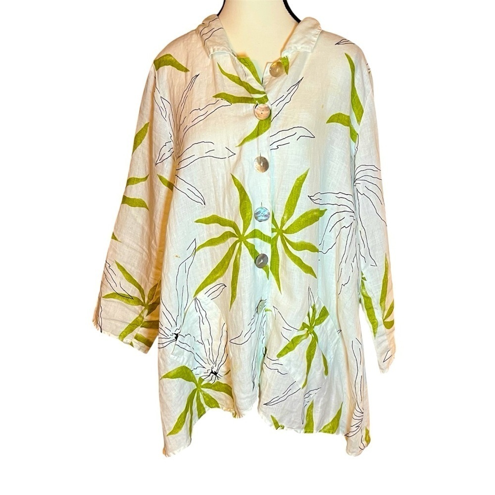 HABITAT 100% Linen Button Up Langenlook Top Blouse White Green Womans Size Small